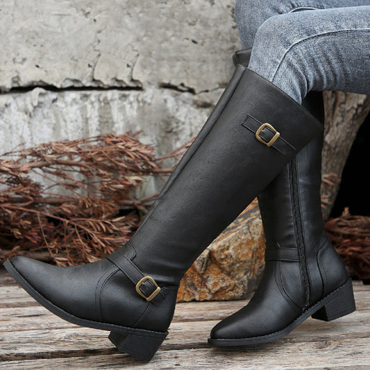 Large Size Thick Heel Square Buckle Test Zipper Boots Women