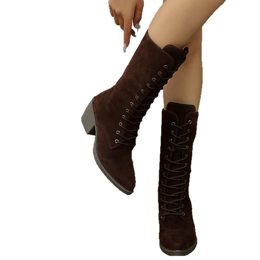 Mid-calf Fashion Suede Lace-up Pointed Chunky Heel Women's Boots