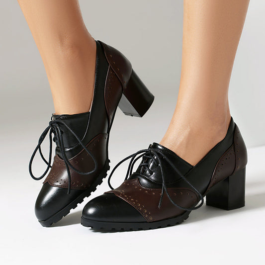 Matching Round Toe High Heel Front Lace-up Burning Flower Pumps