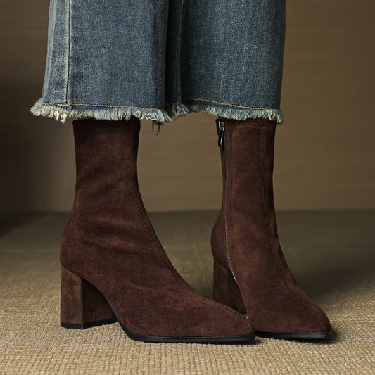 High Heel Stretch Side Zipper Thick Heel Thin Women's Boots