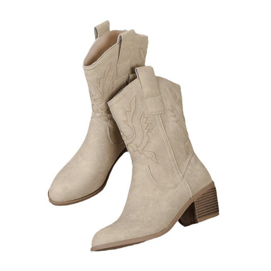 V Cut Embroidered Sleeve Thick Heel Middle Denim Women's Boots