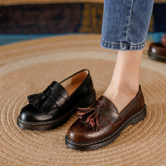 Tassel Retro Girls Artistic College Chunky Heel Loafers Leather Shoes