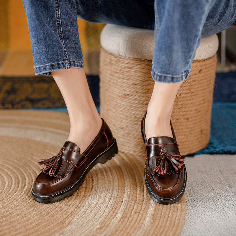 Tassel Retro Girls Artistic College Chunky Heel Loafers Leather Shoes