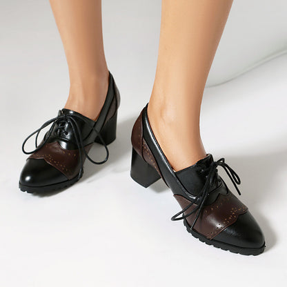 Matching Round Toe High Heel Front Lace-up Burning Flower Pumps